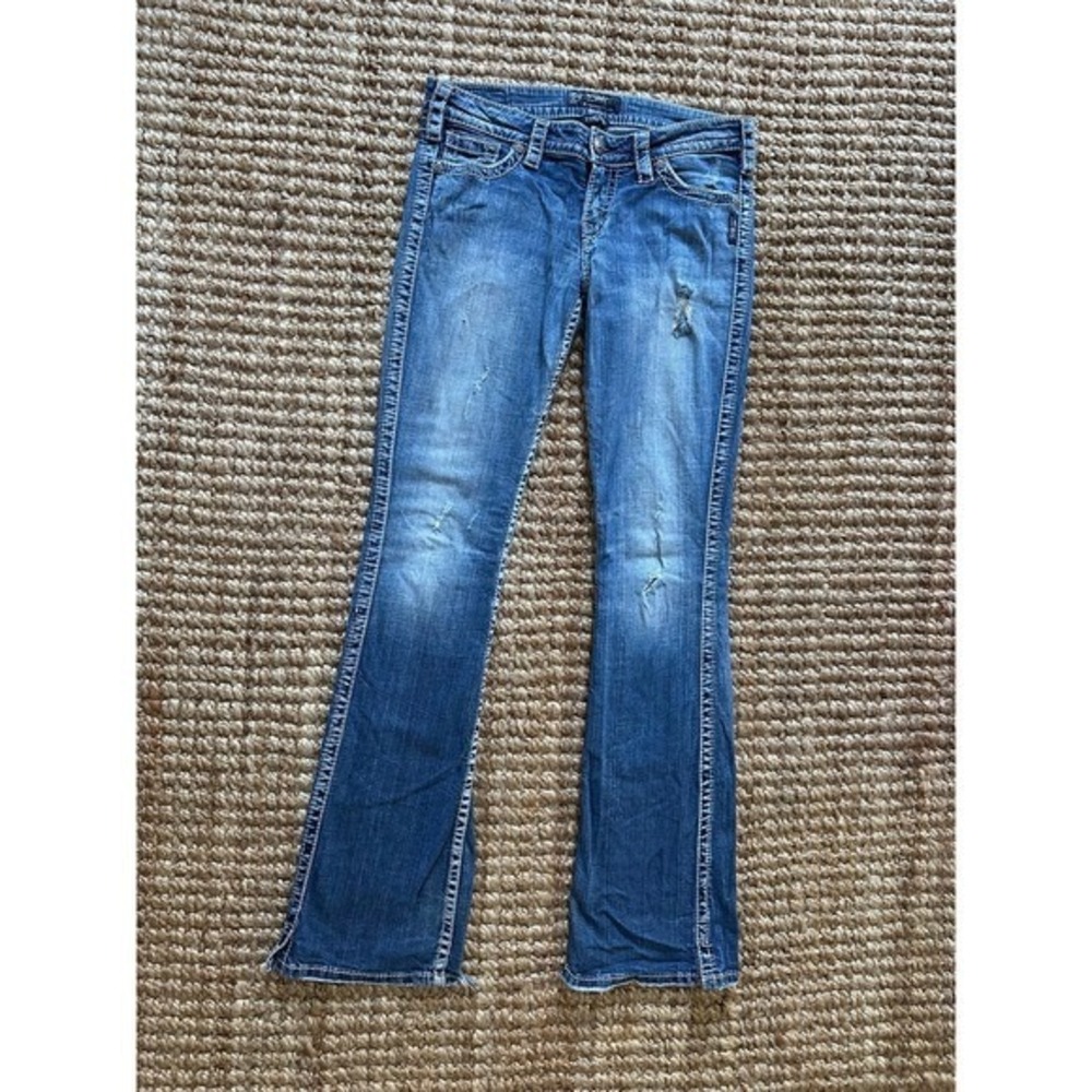 Silver Jeans Co Twisted Bootcut Jeans Women W28 L35 Blue Denim Distressed Flair